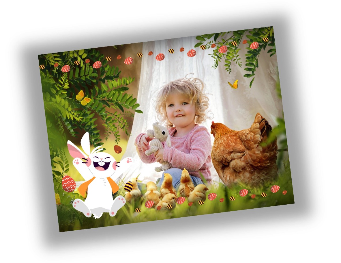 une carte postale personnalisée de Pâques avec une petite fille et une poule