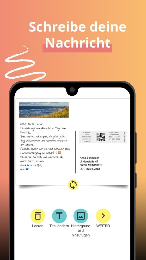 Bildschirm der Postkarten App: Text schreiben, personalisierte Briefmarke und Adresse