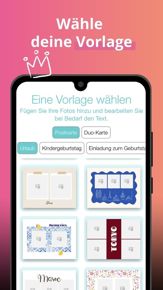 Postkarten App SimplyCards: Auswahl einer Vorlage nach Anlass auf der neuen Oberfläche