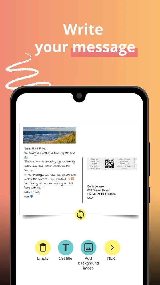 Postcard app screen: writing the message, personalised stamp and address