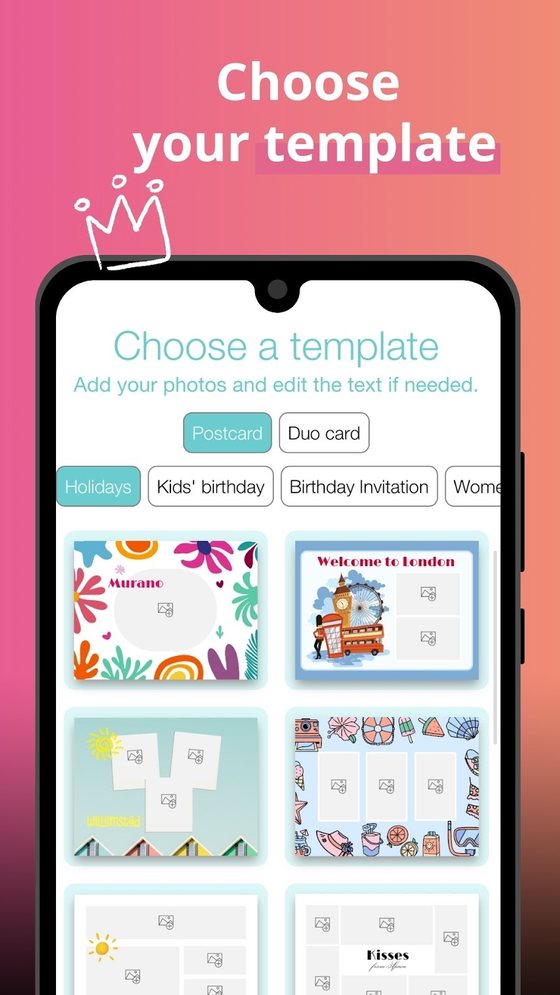 SimplyCards postcard app: choosing a template by occasion on the new interface