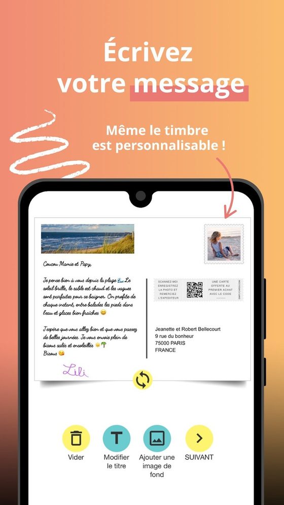 Écran de l'appli carte postale : rédaction du message, timbre personnalisé et adresse