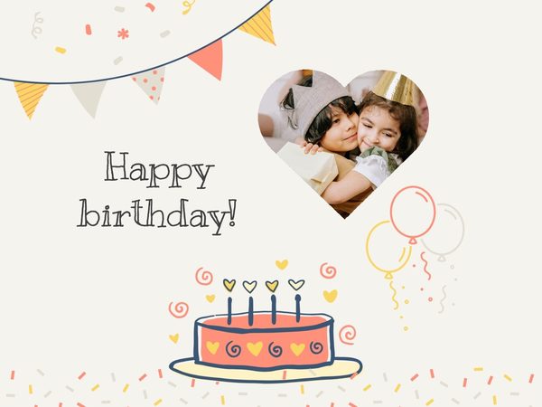 Birthday card template with a heart-shaped photo and a cake