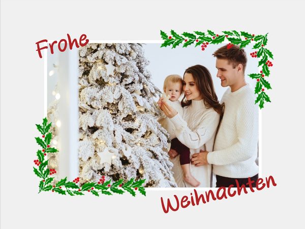 Vorlage für eine Weihnachtskarte mit Familienfoto und Tannengrün