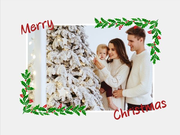 Christmas card template with a family photo and greenery