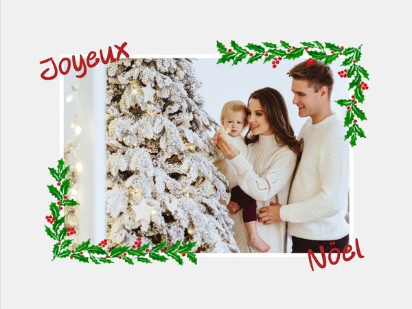 Modèle de carte de Noël avec photo de famille et feuillage