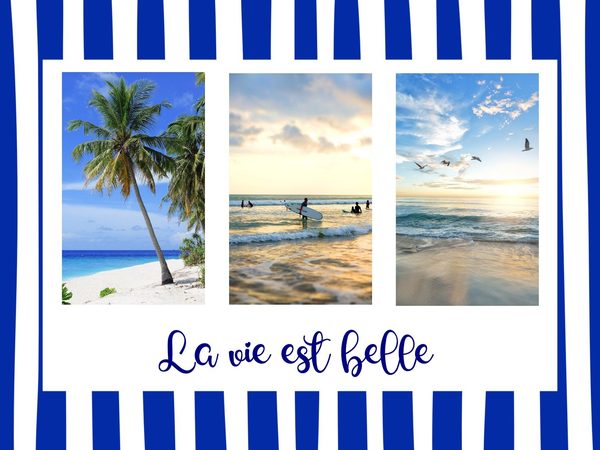 Beach postcard template with blue stripes and three photos