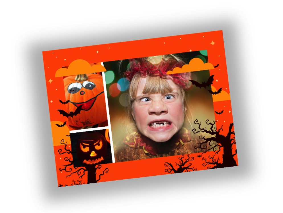 eine personalisierte Halloween-Postkarte mit einem kleinen Mädchen, das ein Gesicht macht