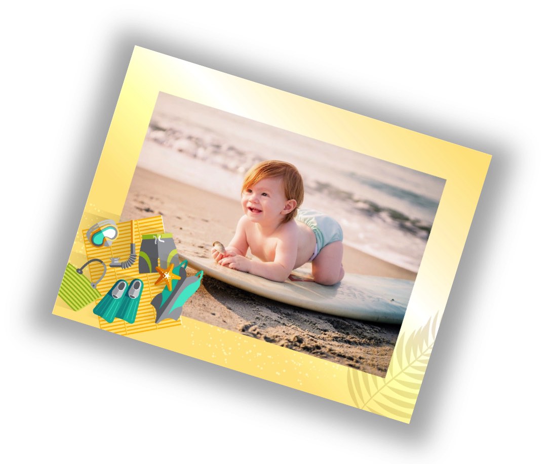 eine Postkarte mit einem Baby am Strand