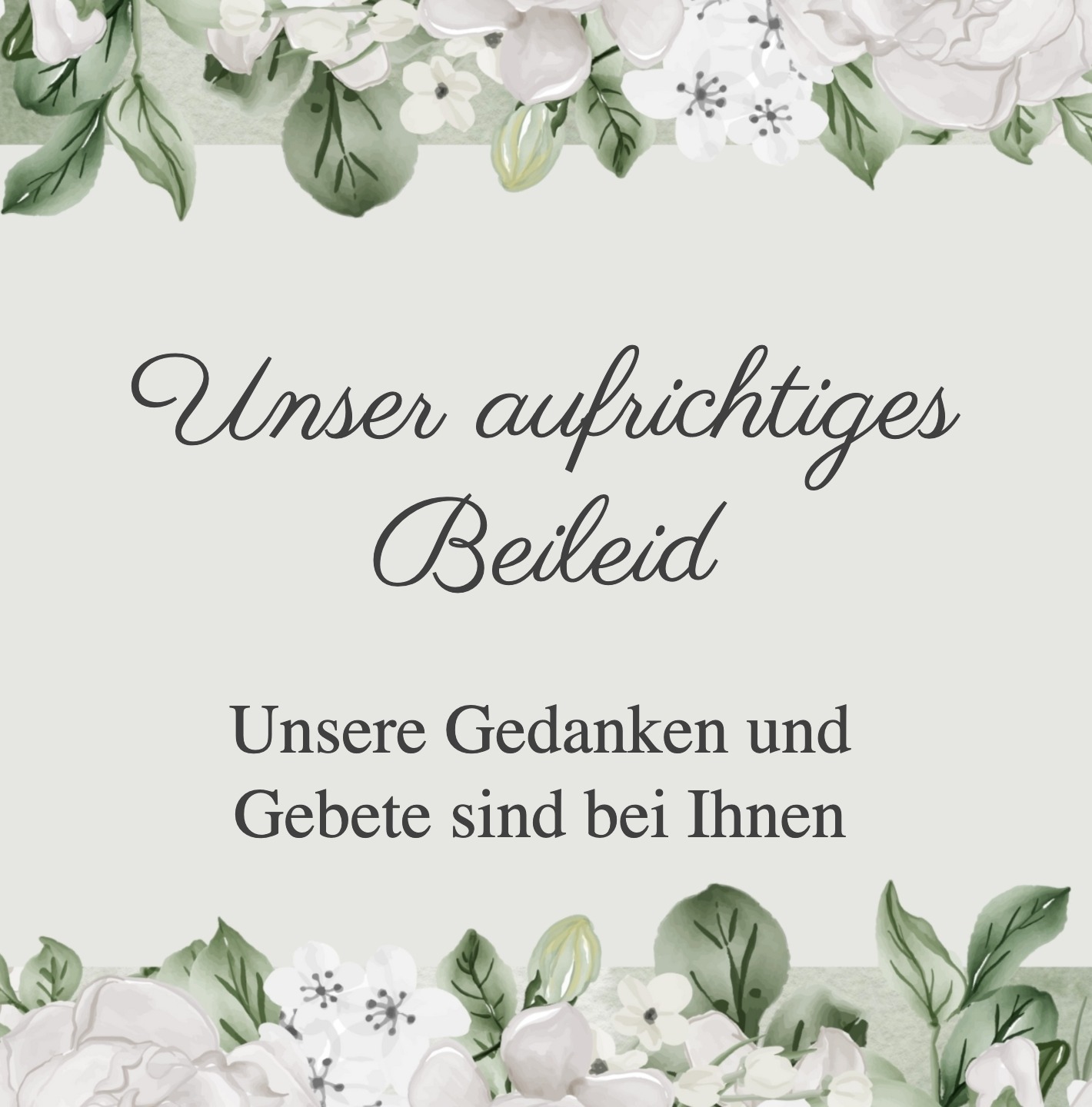 Trauerkarte mit weißen Blumen und ruhigem Hintergrund