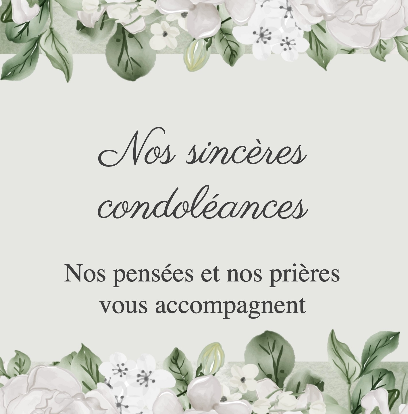 Carte de condoléances avec illustration de fleurs blanches sur fond sobre