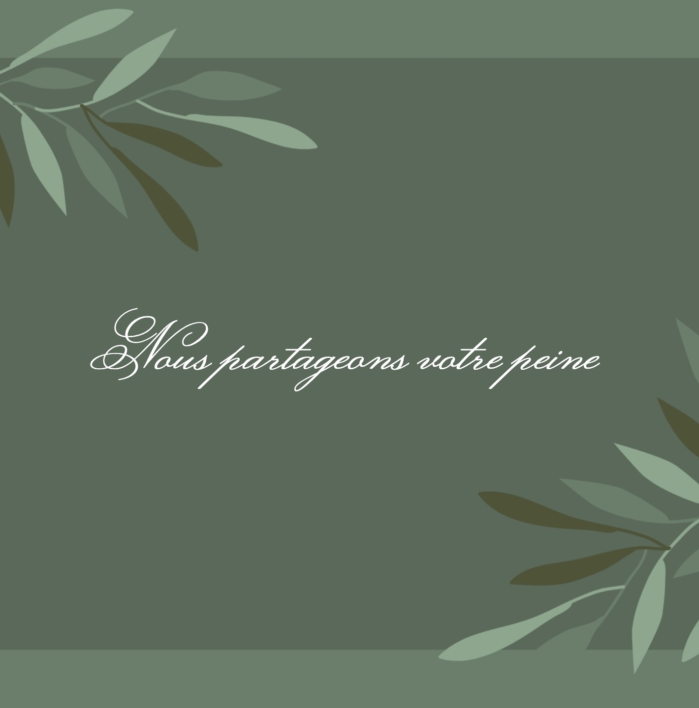 Carte de condoléances sobre avec feuillage fin et typographie raffinée