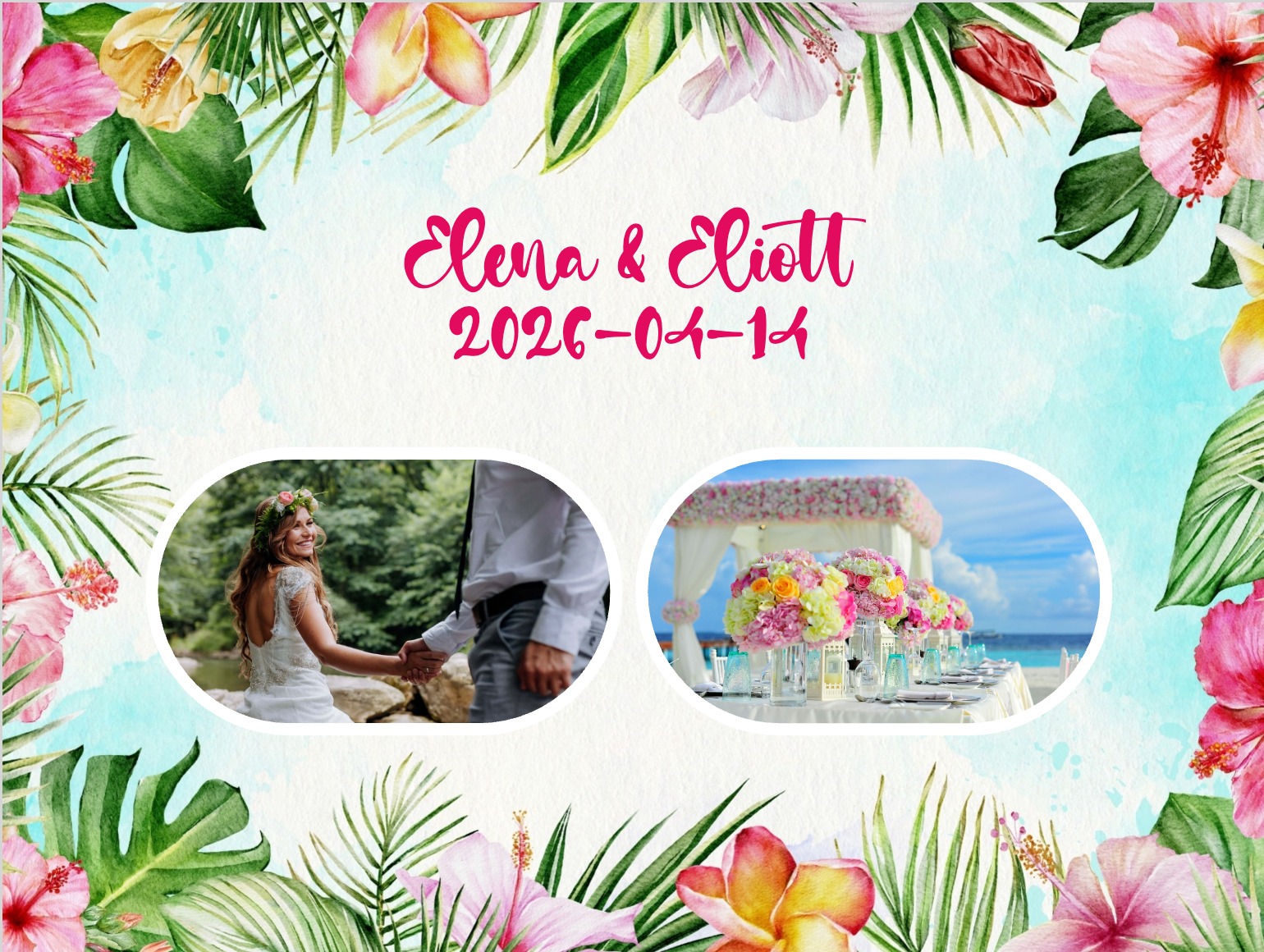 Bunte Hochzeitseinladung mit Hibiskus, tropischen Blättern und sonniger Stimmung