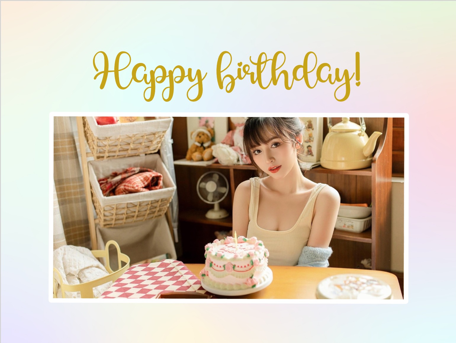 Feminine birthday card with pastel background and golden lettering