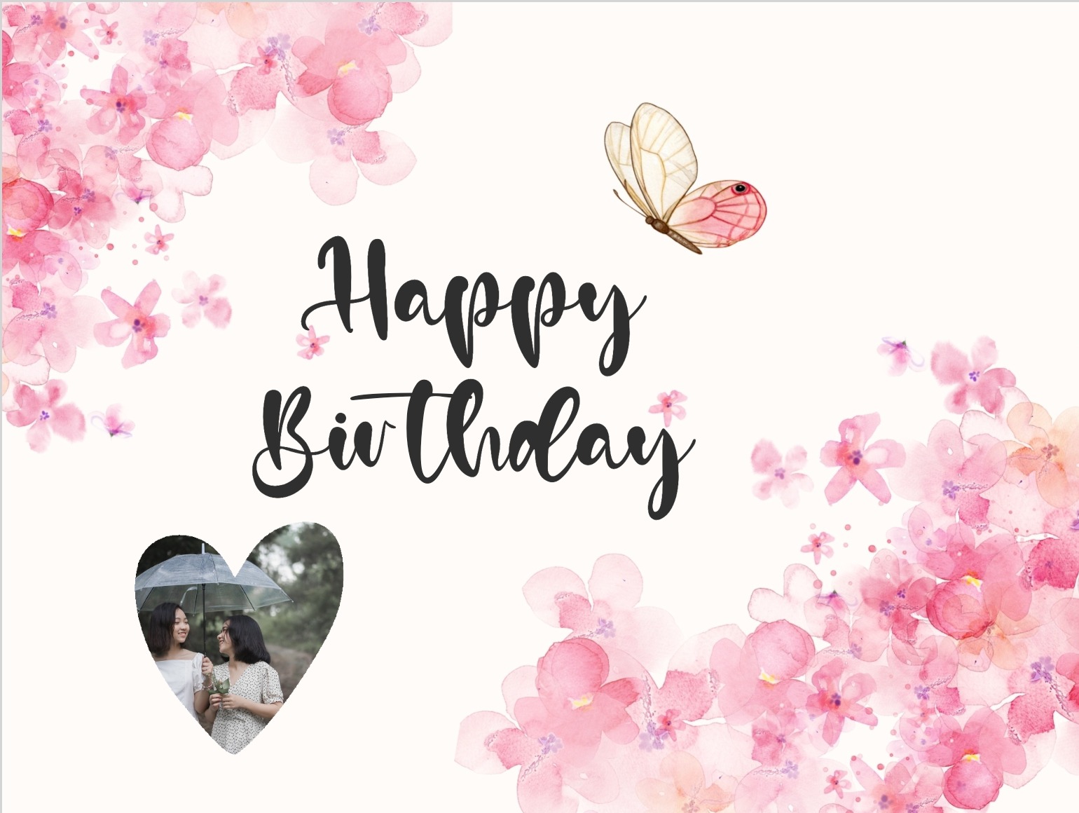 Romantic birthday card for her with hearts and pink flowers