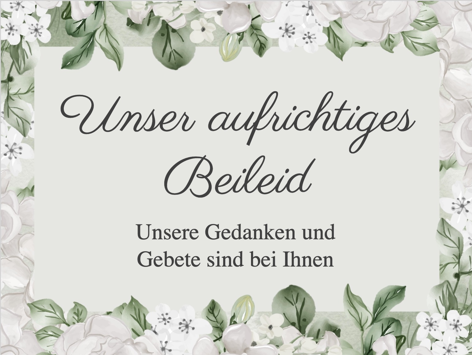 Trauerkarte mit weißen Blumen und ruhigem Hintergrund