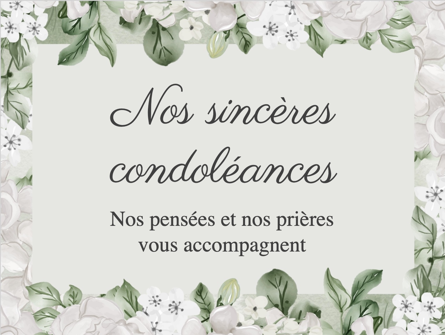Carte de condoléances avec illustration de fleurs blanches sur fond sobre