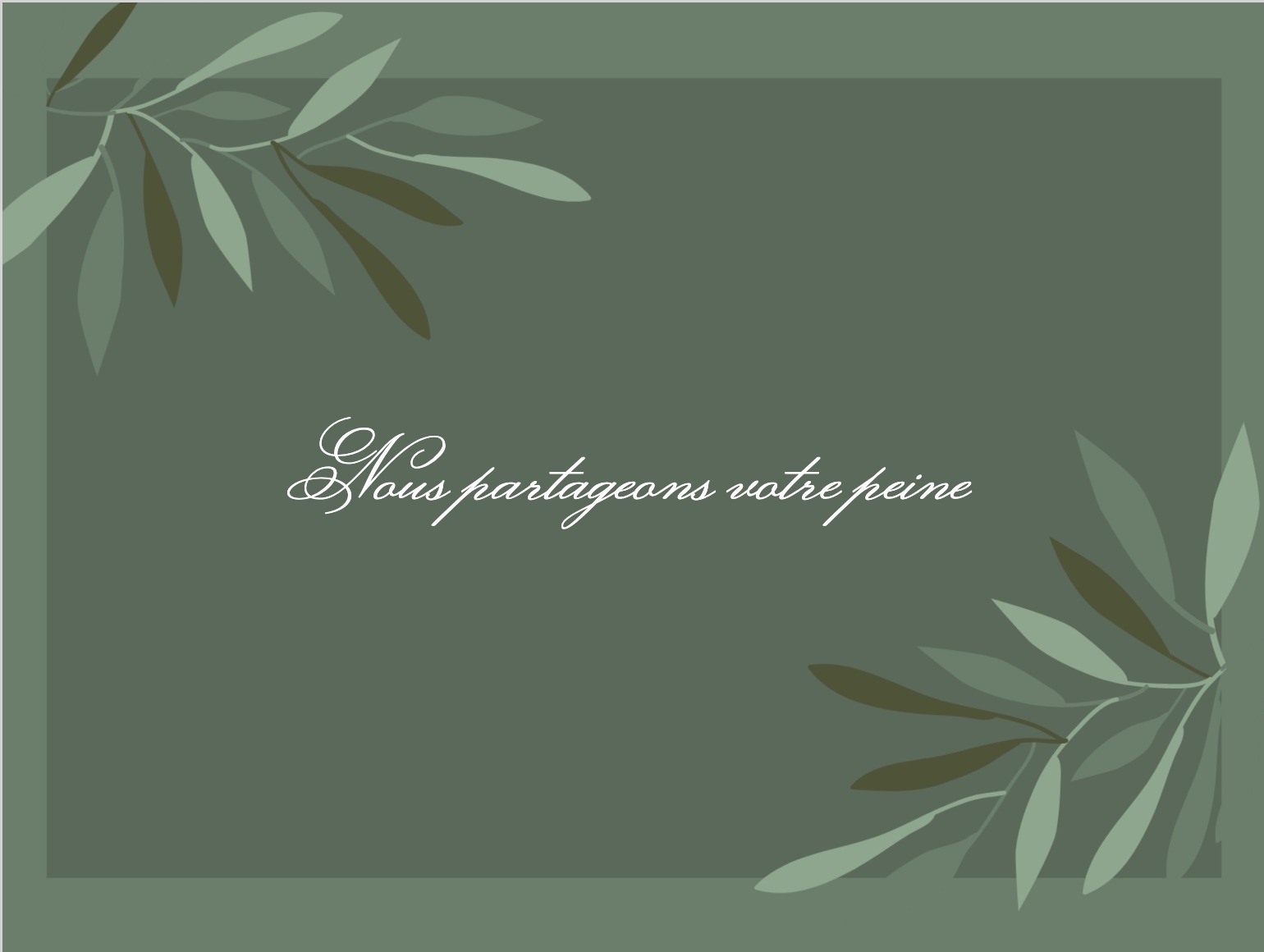 Carte de condoléances sobre avec feuillage fin et typographie raffinée