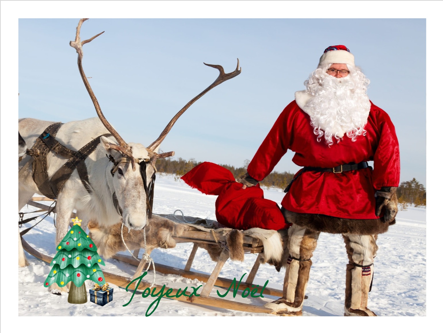 Illustration du Père Noël distribuant des cadeaux sur une carte postale festive