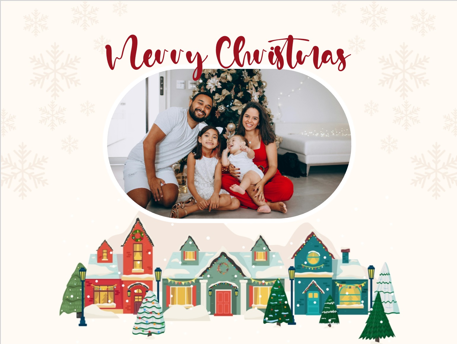 Traditional Christmas card with tree, snow and 'Merry Christmas' message