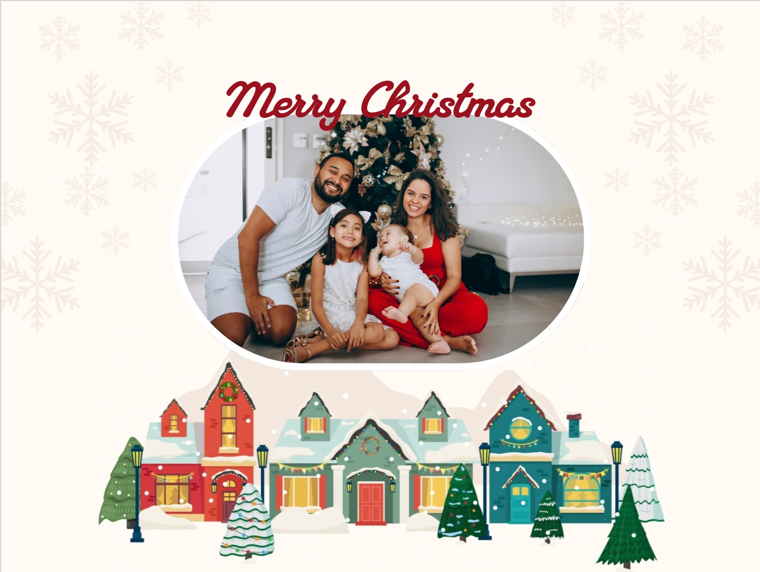Traditional Christmas card with tree, snow and 'Merry Christmas' message