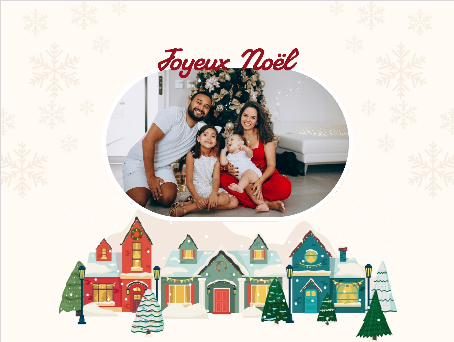 Carte postale de Noël traditionnelle avec sapin, neige et message « Joyeux Noël »