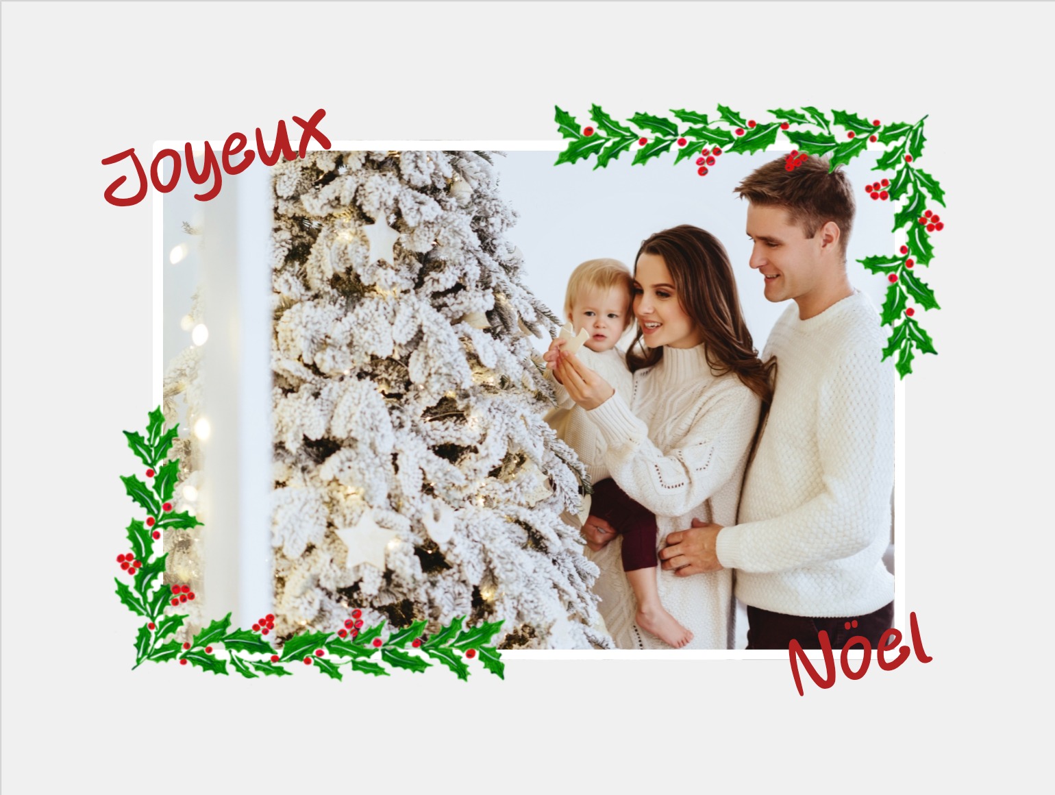 Carte de Noël classique avec sapin, guirlande et message typique