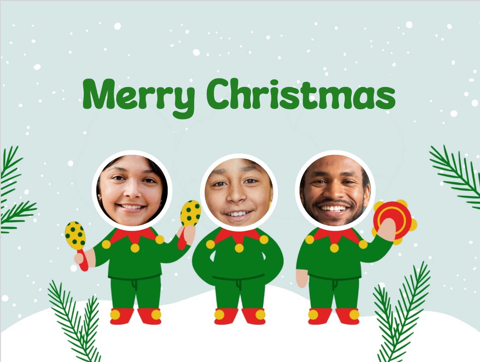 Funny elves carrying gifts on Christmas card
