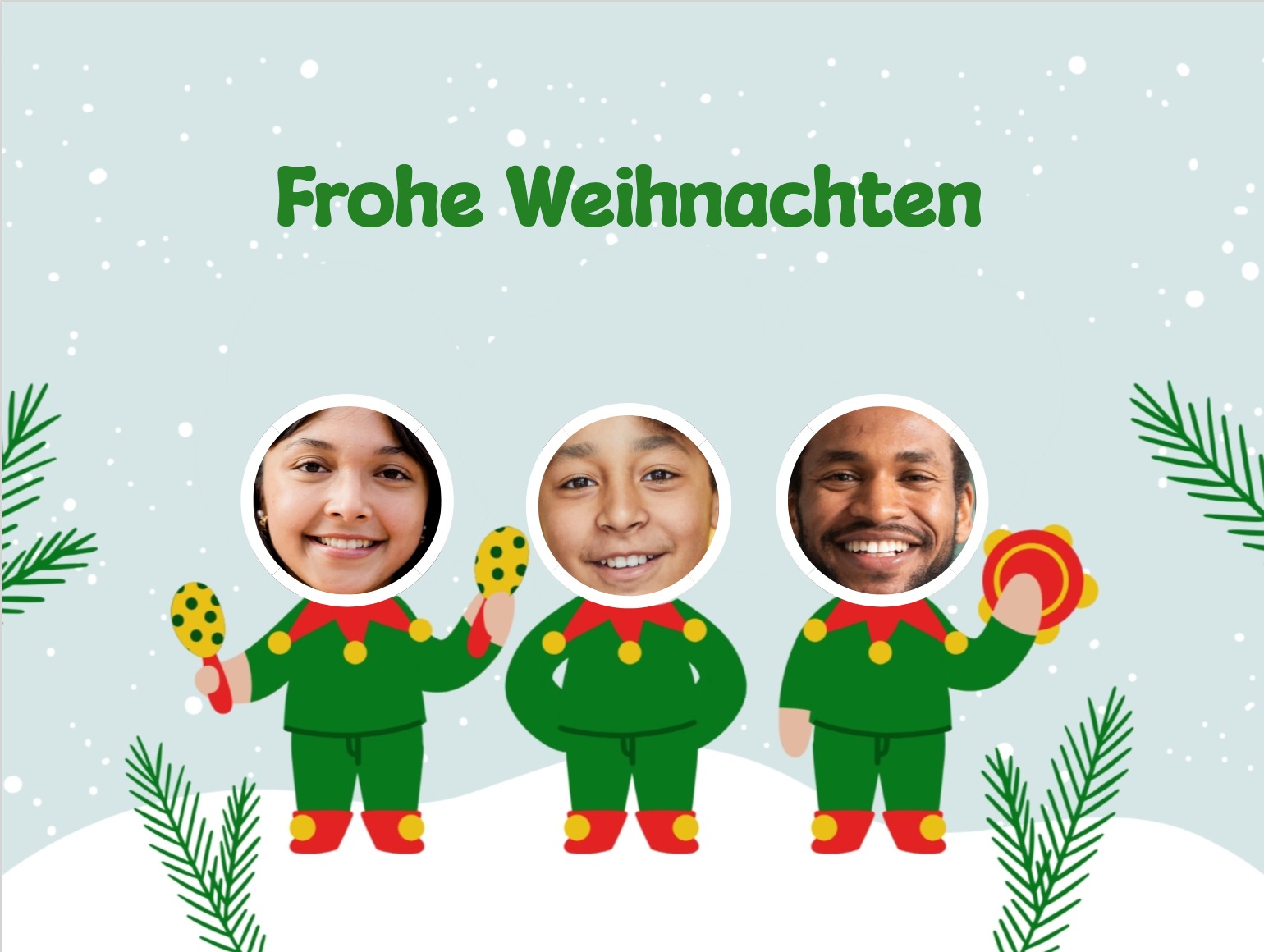 Lustige Elfen mit Geschenken auf einer Weihnachtskarte