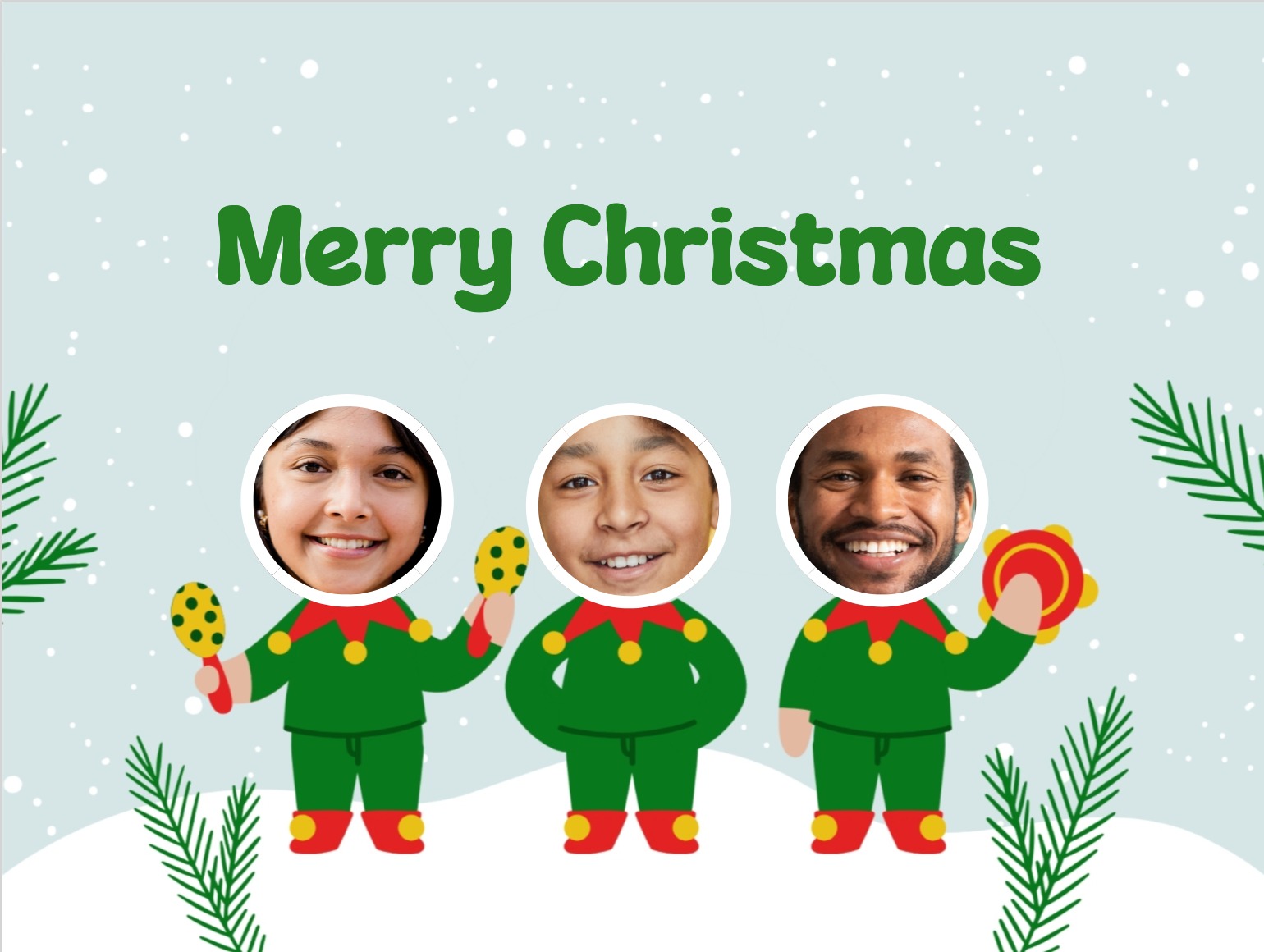 Funny elves carrying gifts on Christmas card