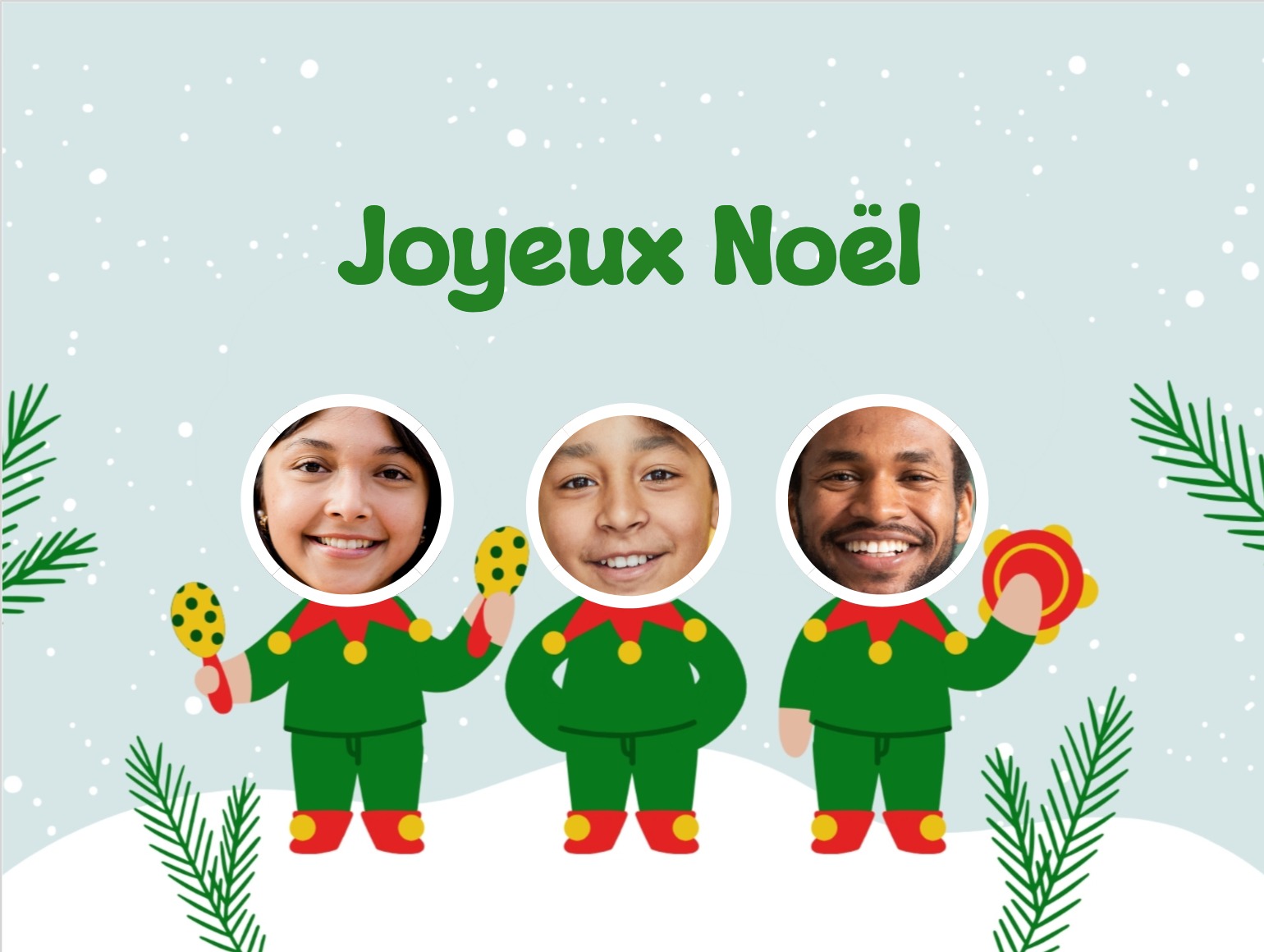 Carte amusante avec lutins de Noël transportant des cadeaux