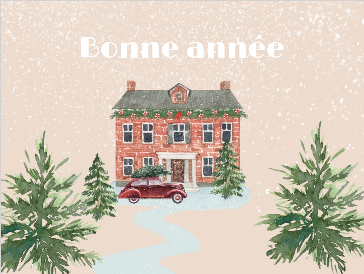 Illustration douce à l’aquarelle avec paysage hivernal et message chaleureux